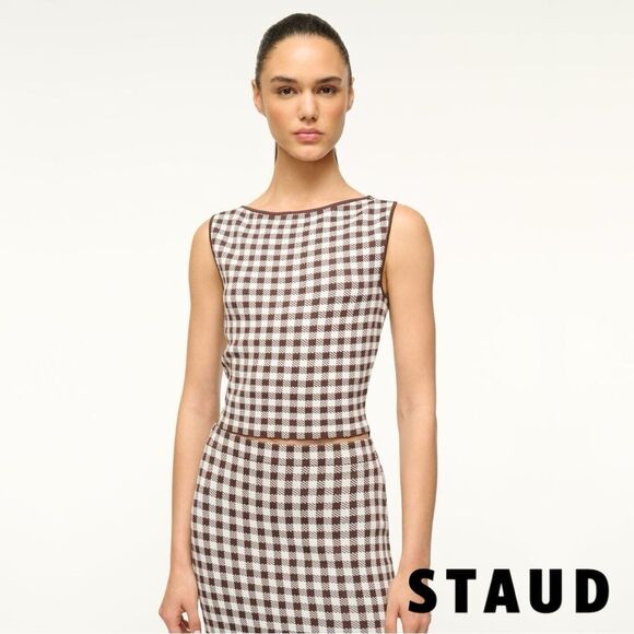 STAUD **NWT** Montgomery Cropped Knit Tank in Chocolate Brown Gingham - Picture 3 of 14
